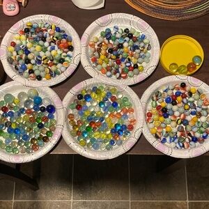 Vintage Assorted size & Color Glass marbles 
5 + pounds 460 + pieces leather bag